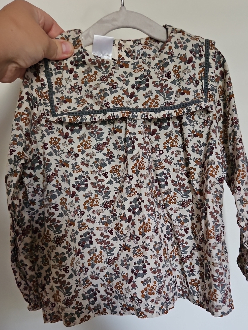 Zara Girls Floral Sailor-Collar Top - Cream w Brown & Green Print Berry Floral